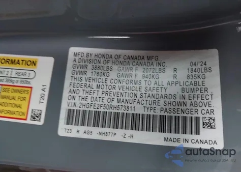 2024 Honda Civic Sport z USA, uszkodzony, nr VIN 2HGFE2F50RH573811
